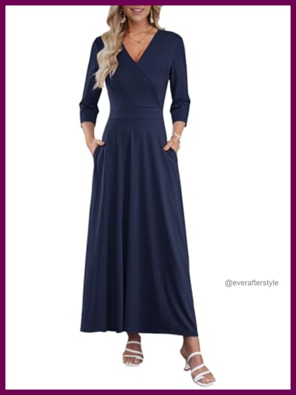 Women 3/4 Sleeve V Neck Wrap Maxi Dress Long Elegant Pockets